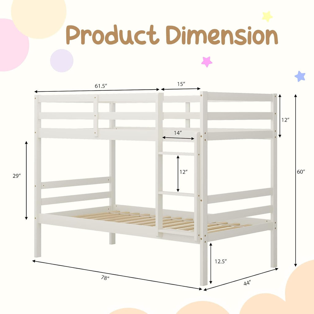 KOMFOTT Wood Bunk Bed Twin Over Twin, Bunk Bed with Ladder & Safety Guardrail, Solid Wood Bed Frame, Ideal for Dormitory & Multiple-Child Family, No Box Spring Needed, Kids Bed Frame