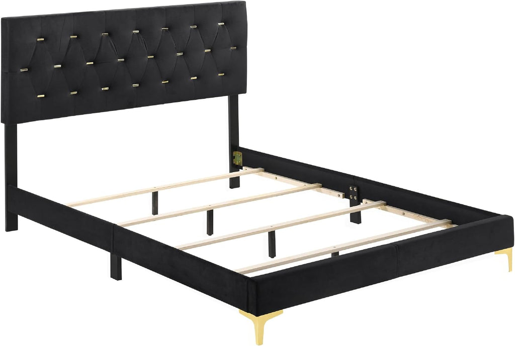 Benzara Dle 4 Piece Queen Bedroom Set, Tufted Black Velvet, Modern Gold Accent
