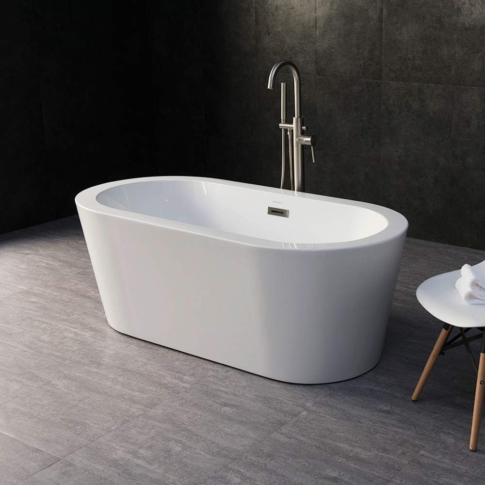 WOODBRIDGE 59' Acrylic Freestanding Bathtub Contemporary Soaking White Tub with Brushed Nickel Overflow and Drain，B0012 -B/N-Drain &O