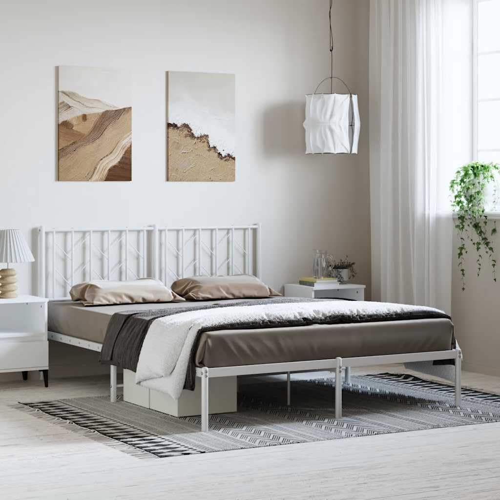 King Bed Frame with Headboard White 76'x79.9' Metal Platform Bed Frame Sturdy Steel Construction Underbed Storage Space for Bedroom Furniture