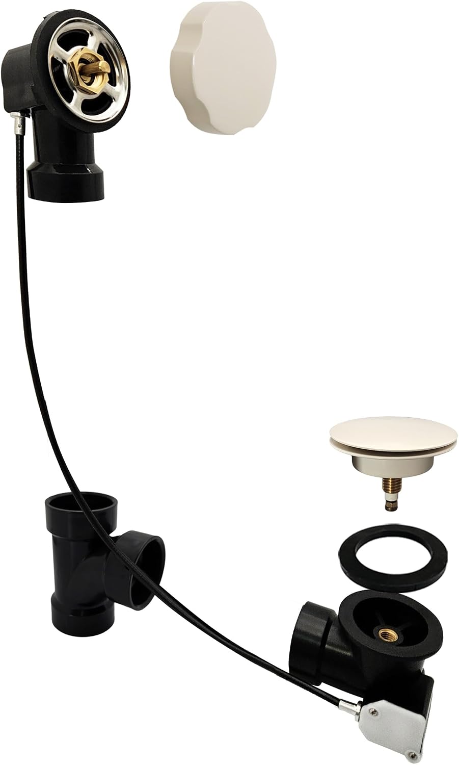 Westbrass A50A35-65 35' SCH. 40 ABS Cable Driven Bath Drain Trim Kit with Rotary Overflow Cover Knob and Pop-Up Stopper, Biscuit