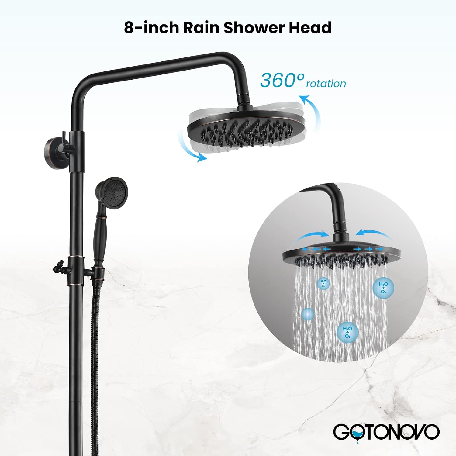 gotonovo Oil Rubbed Bronze Rain Shower System 2 Knobs 8 Inch Rainfall Shower Head with 3 Hole Widespread Bathroom Faucet 8 inch Chrome Polished 2 Cross Handle Pop Up Drain with Overflow