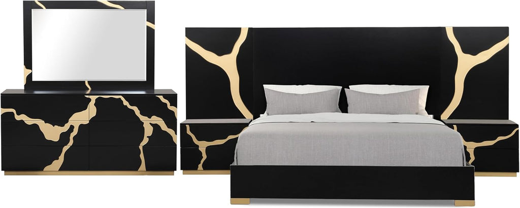 Furniture of America Quanta Modern Wood 5-Piece Bedroom Set with Panel Headboard and Gold-Painted Pattern Extended Walls, Felt-Lined Top Drawer, No Box Spring Needed, King, Black