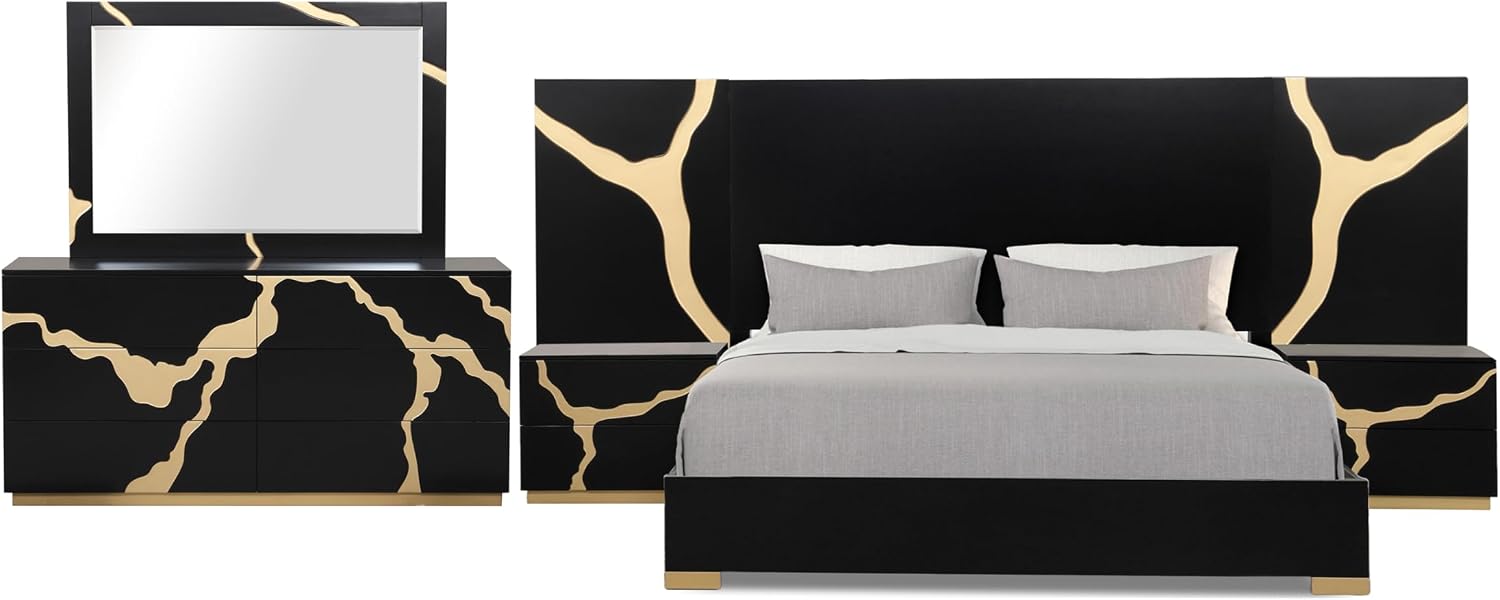 Furniture of America Quanta Modern Wood 5-Piece Bedroom Set with Panel Headboard and Gold-Painted Pattern Extended Walls, Felt-Lined Top Drawer, No Box Spring Needed, King, Black