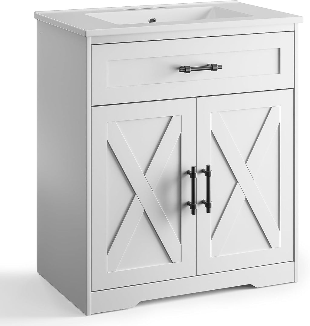 Amada 30″ Bathroom Vanity with Ceramic Sink, Farmhouse Undermount Vanity Sink Cabinet with 2 Doors and 1 Drawer, Free Standing Bathroom Cabinet with Sink Combo Set, White