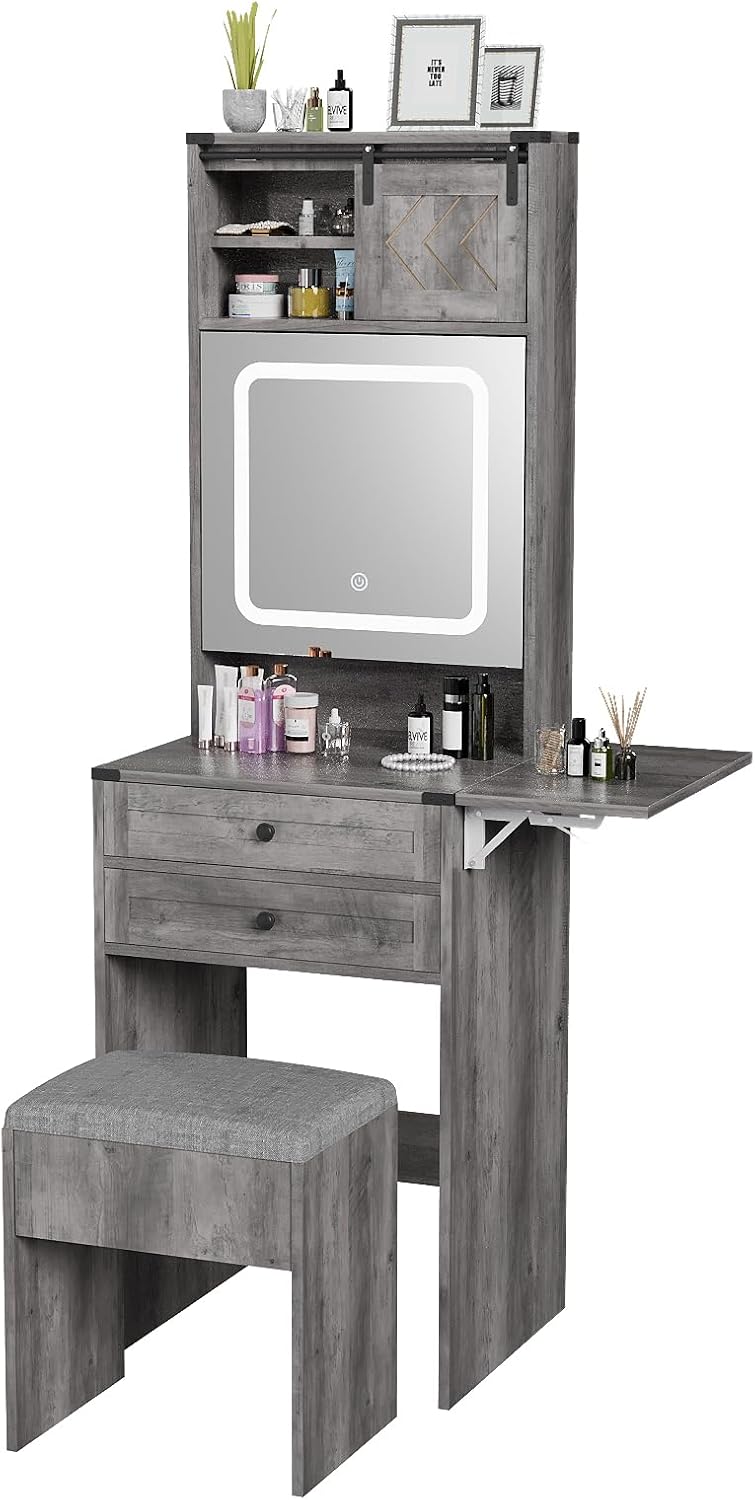 ARTETHYS Farmhouse Small Vanity Desk Set with Mirror Cabinet Compact Makeup Vanities Set with 3 Adjustable Lights and Storage Chair for Compact Space, Gray Dressing Table with Fold-up Panel