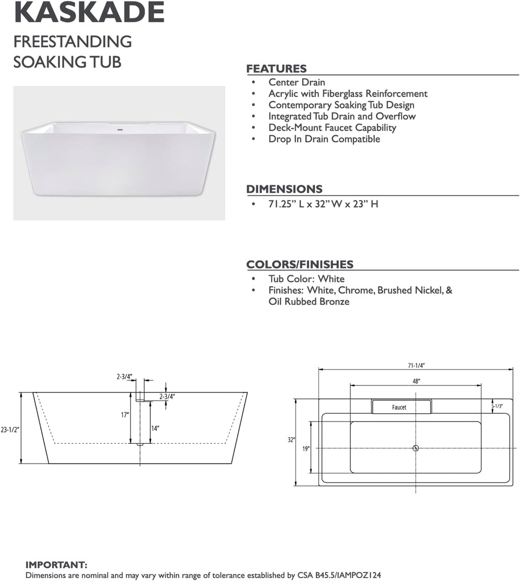 Carver Tubs - Kaskade 71'- Modern White Freestanding Soaking Bath Tubs for Bathroom, w/Oil Rubbed Bronze Center Drain - Modern Rectangle Acrylic Bath Tub - Deep Relaxing Soak - 71'L x32'W x 23'H
