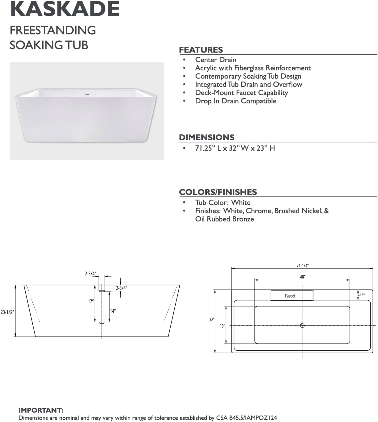 Carver Tubs - Kaskade 71'- Modern White Freestanding Soaking Bath Tubs for Bathroom, w/Oil Rubbed Bronze Center Drain - Modern Rectangle Acrylic Bath Tub - Deep Relaxing Soak - 71'L x32'W x 23'H