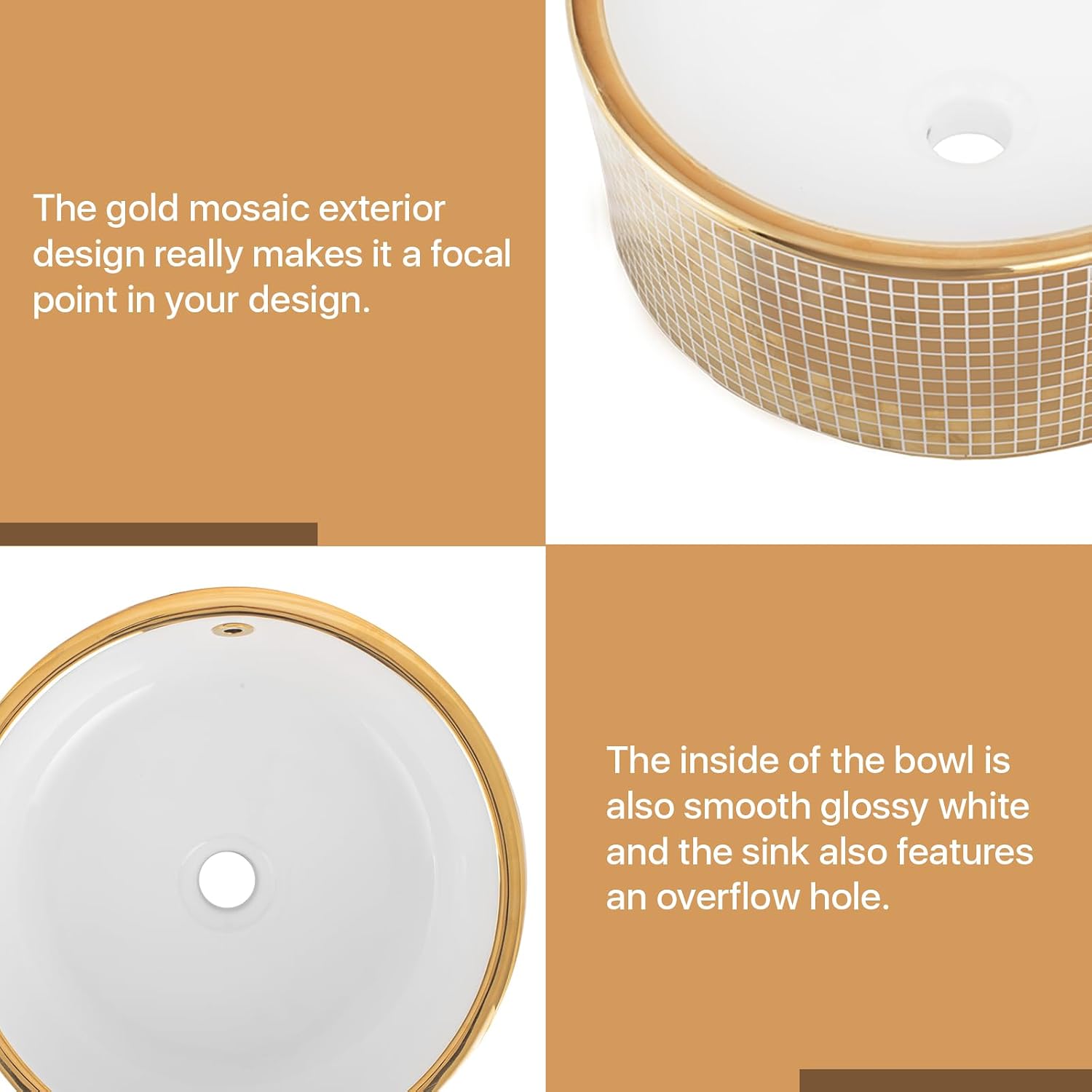 Strictly Sinks 16 Inch Gold Vessel Sink – Round Mosaic Ceramic Countertop Bathroom Sink – Easy to Install Above Counter Luxurious Vessel Sink for Bathroom (16-5/8″ W x 16-5/8″ L x 7-11/16″ H)