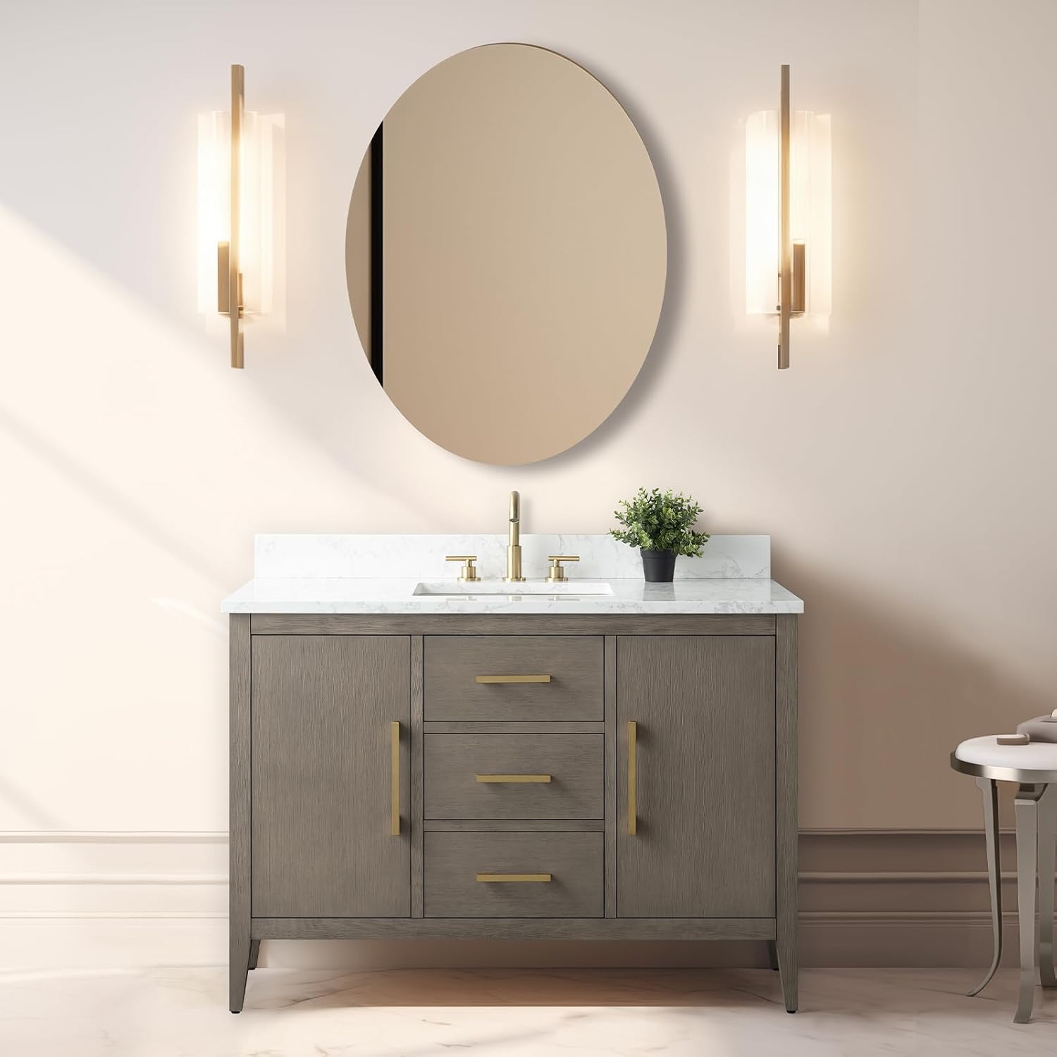 Vanity Art 48 inch Bathroom Vanity with Single Sink & Ceramic Top, Solid Wood, Vanity Cabinet with Soft-Closing Doors, Drawers, Driftwood Gray, Golden Brushed Handware