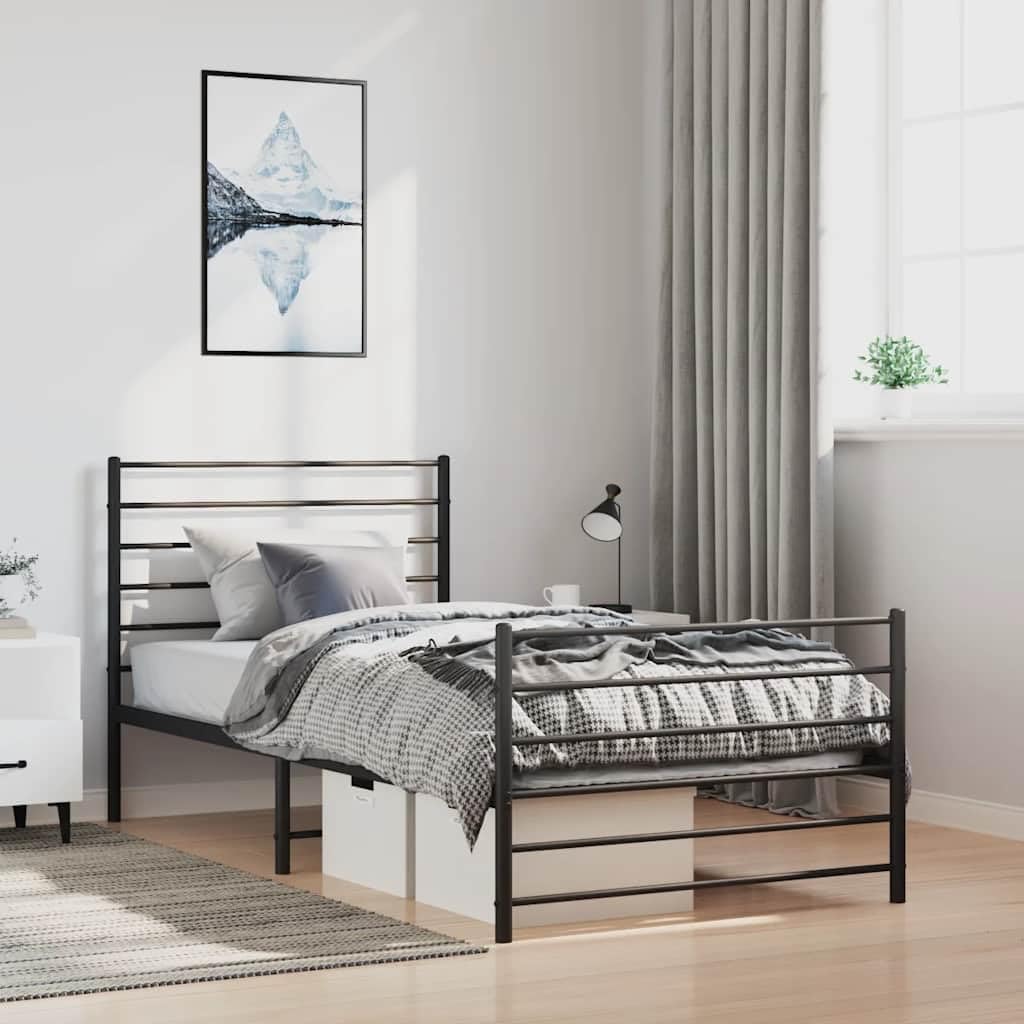 Twin XL Metal Bed Frame with Footboard Black 39.4'x78.7' Platform Bed Frame Heavy Duty Steel No Box Spring Needed Sturdy Noise-Free Design for Bedroom Furniture
