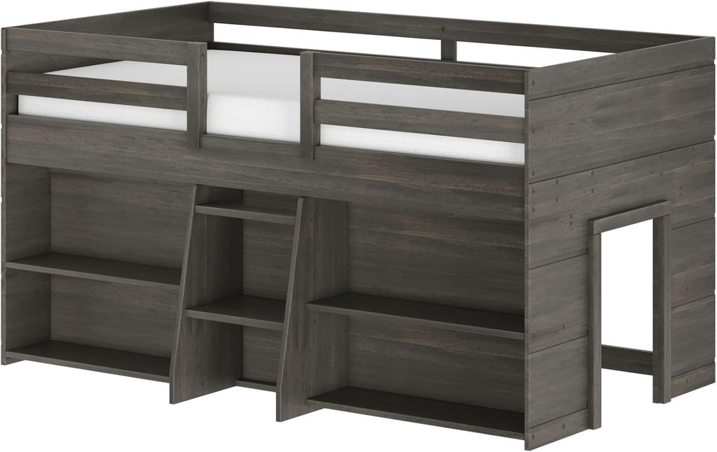 Max & Lily Modern Farmhouse Low Loft Bed, Twin Bed Frame for Kids with 2 Bookcases, Driftwood