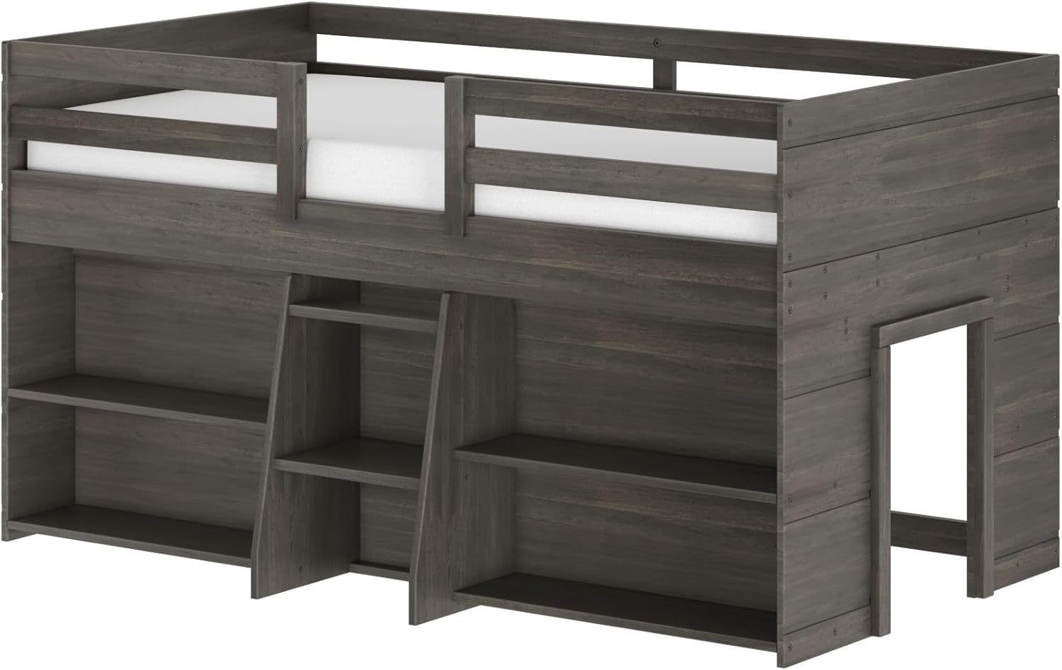 Max & Lily Modern Farmhouse Low Loft Bed, Twin Bed Frame for Kids with 2 Bookcases, Driftwood