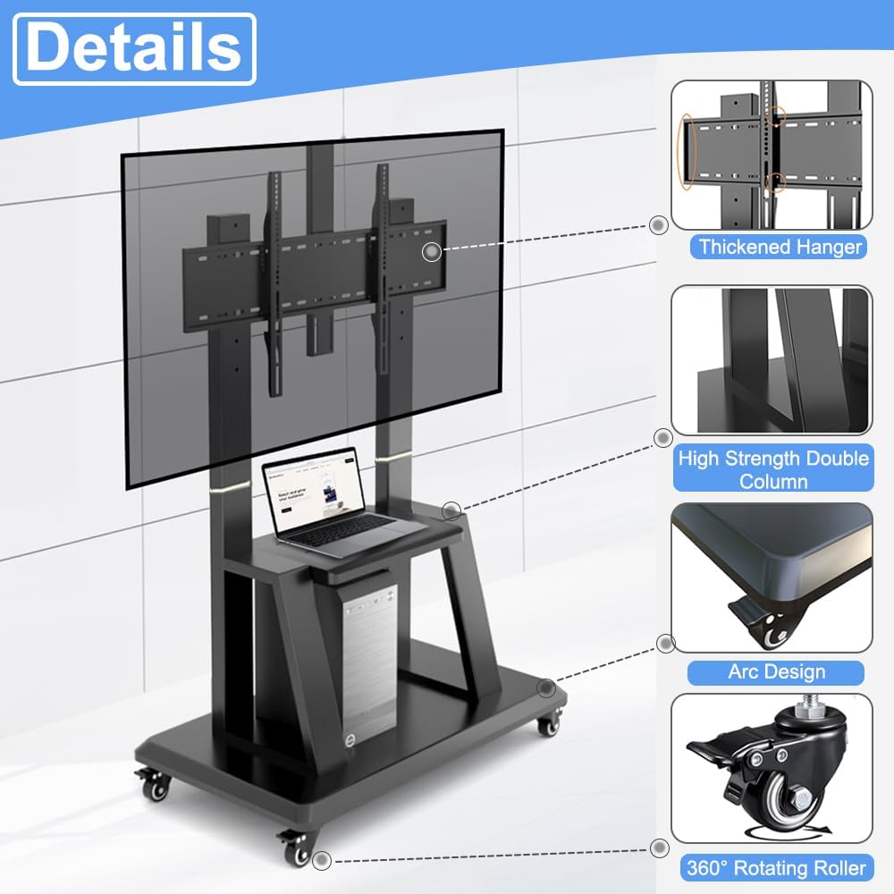 Hellsehen Mobile TV Cart,Rolling TVs Cart on Wheels Height Adjustable Heavy-Duty Floor Stand Base for 42-86 Inch LCD LED OLED Flat Panel Screens Smartboard Movable Holds up to 176lbs with Shelf
