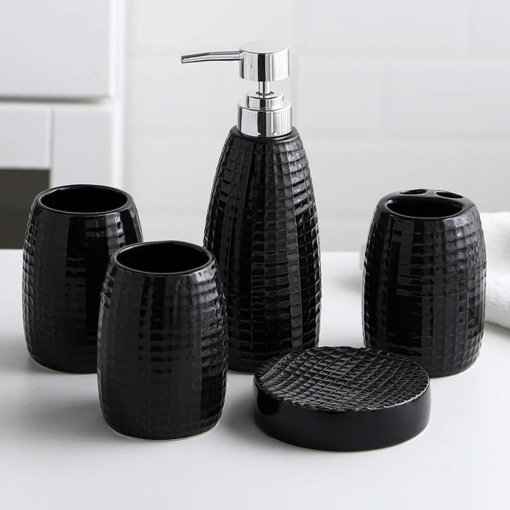 Lotion Dispenser 5 Piece Ceramics Bathroom Accessory Set, Toothbrush Holder, Liquid Soap Dispenser, Soap Dish, 2 Tumblers ，Bathroom Accessories Set Countertop Soap Dispensers (Color : Black)