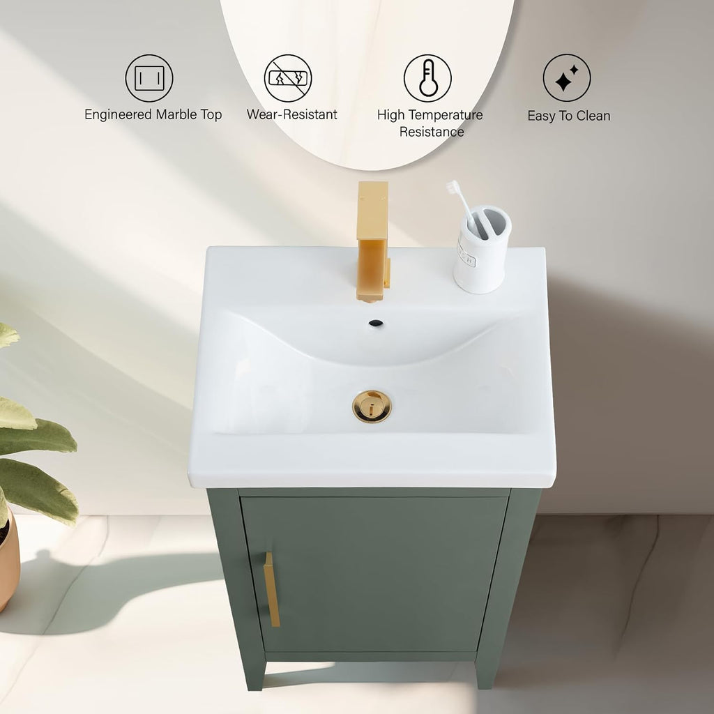 Vanity Art 20 inch Bathroom Vanity with Single Sink & Ceramic Top, Vanity Cabinet with Soft-Closing Doors, Solid Wood Frame, Vintage Green, VA9020-VG-BN1