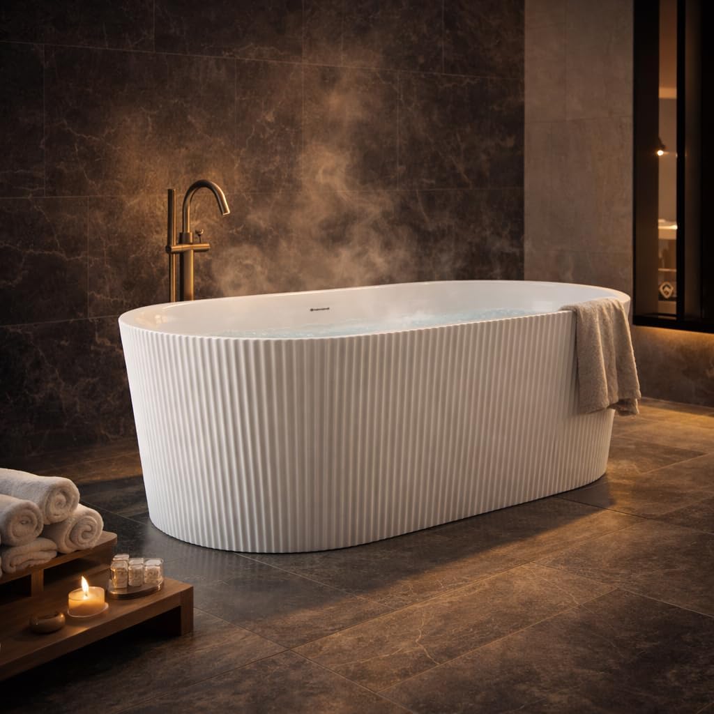 ANZZI Freestanding Soaking Bathtub 59 In Acrylic Solid Surface Glossy Flatbottom White Bailey Series 14.8 In Soaking Depth 67.4 Gal Capacity Overflow Drain Compact One Piece Design | AMZFT650-59