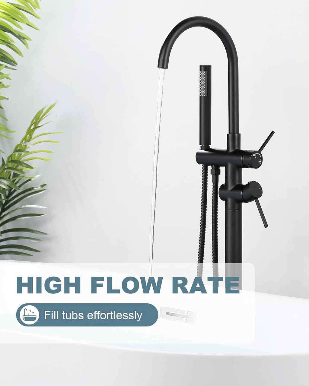 Freestanding Bathtub Faucet Matte Black: Floor Mount Tub Filler, High Flow Brass Shower Faucets with Handheld Sprayer for Bath