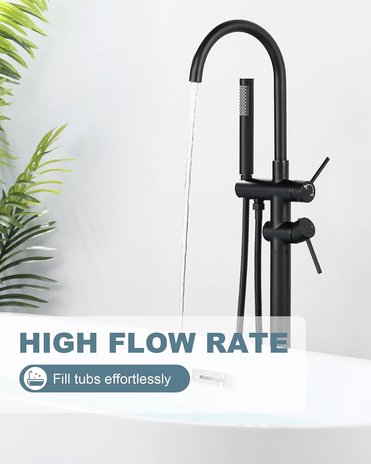 Freestanding Bathtub Faucet Matte Black: Floor Mount Tub Filler, High Flow Brass Shower Faucets with Handheld Sprayer for Bath