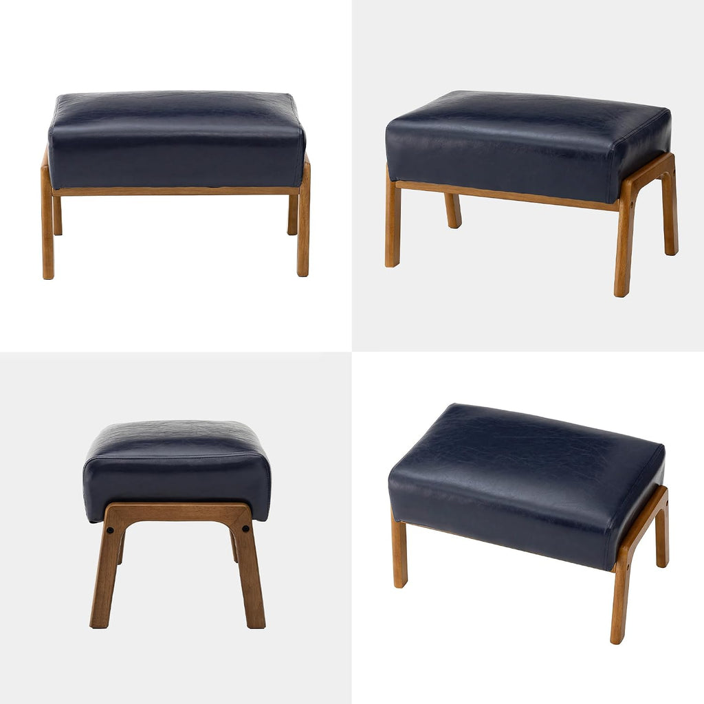 Glitzhome Foot Stool, Leatherette Wooden Step Stool, Modern Rectangle Ottoman Wide Vanity Stool with Cushion for Couch Living Room Bedroom Entryway, Navy Blue