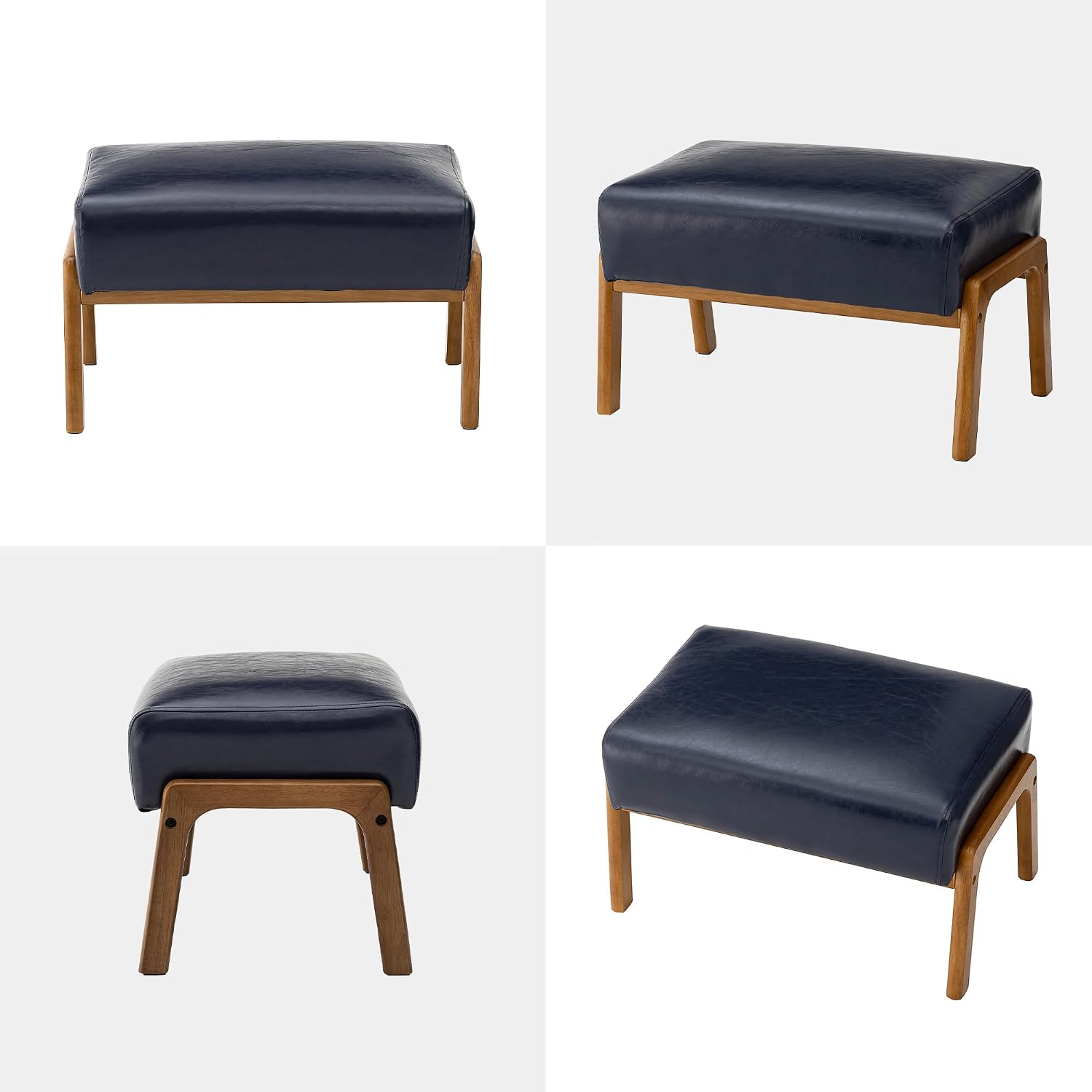 Glitzhome Foot Stool, Leatherette Wooden Step Stool, Modern Rectangle Ottoman Wide Vanity Stool with Cushion for Couch Living Room Bedroom Entryway, Navy Blue