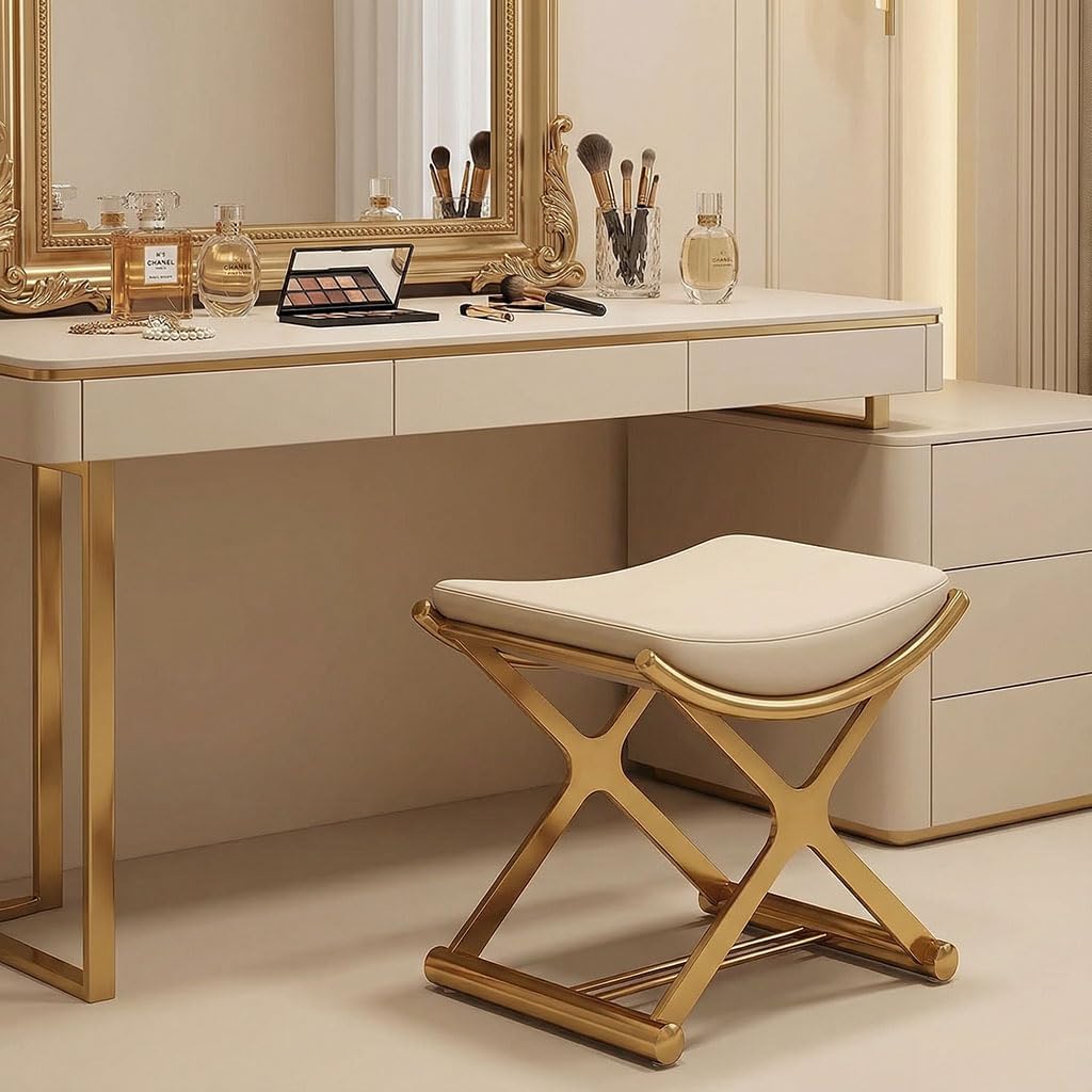 CHSSIH Vanity Stool Chair for Makeup - Small Backless Leather Stool for Vanity - Modern Ottoman Bench Seat with Metal X Legs, Footstool for Bathroom & Living Room - Gold