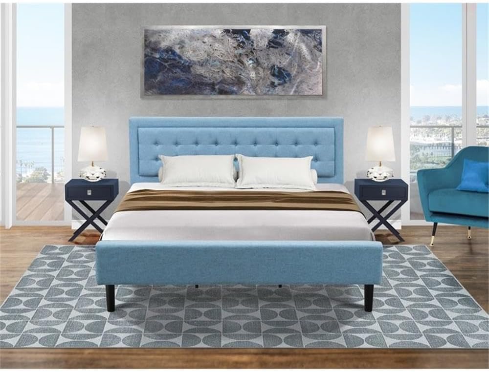 East West Furniture FN11K-2HA15 3-Piece Platform Bedroom Set with 1 Modern Bed and 2 Night Stands for Bedrooms - Reliable and Durable Construction - Denim Blue Linen Fabric