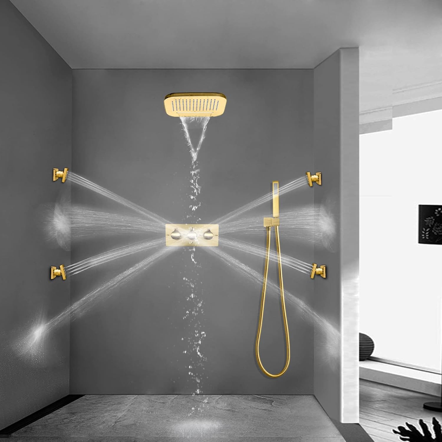 Waterfall Rain Shower System Wall Mounted Brass Ceiling Rainfall Shower Head With Handheld Sprays Massage Spa Body Combo Set (Brushed Gold)
