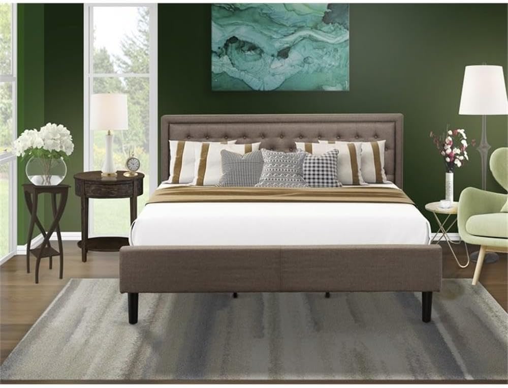 East West Furniture KD18K-1HI07 2 Piece Wood Bedroom Set - 1 King Platform Bed Frame Brown Linen Fabric Padded and Button Tufted Headboard with 1 Nightstand - Distressed Jacobean Finish Nightstand