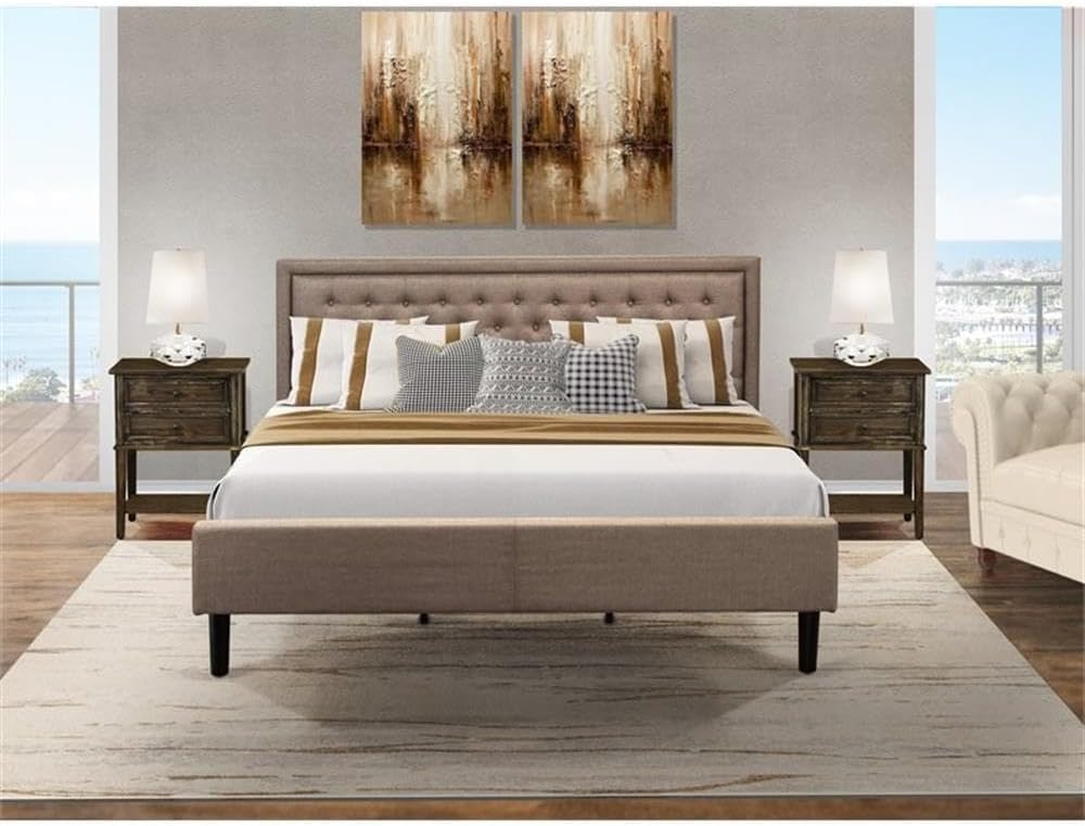 East West Furniture KD16K-2VL07 3 Piece King Bed Set - 1 King Bed Frame Dark Khaki Linen Fabric Padded and Button Tufted Headboard with 2 Mid Century Nightstand - Distressed Jacobean Finish Nightstand