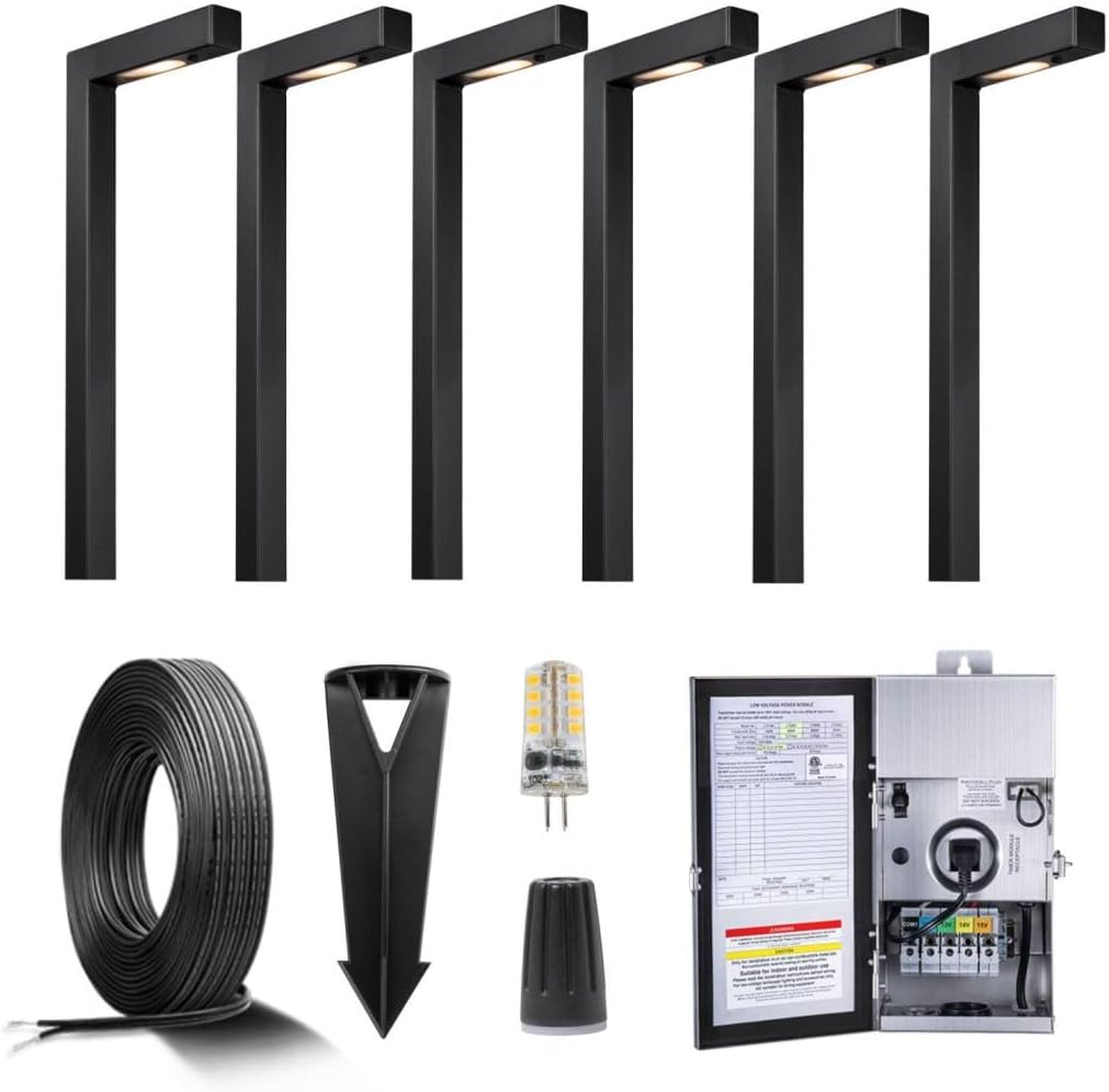 Gardenreet Black Brass Low Voltage Landscape Path Lights(6 Pack) Kit 12V LED with Low Voltage Transformer 150W and Mechanical Timer and 100FT Wire and 30Pack Connectors for Outdoor Yard Driveway