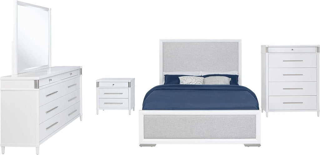 Coaster Home Furnishings - Gracemont - Wood - 5-Piece Bedroom Set with Light Grey Fabric, Vertical Tube, Cord Access and Flat Drawer Fronts - Bedroom - Queen Size - White - 225071Q-S5