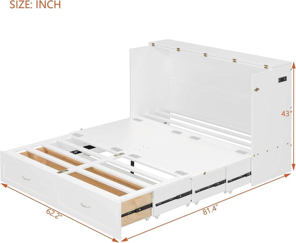 Merax Queen Size Murphy Bed Wall Bed with Drawer and a Set of Sockets & USB Ports, Pulley Structure Design, White