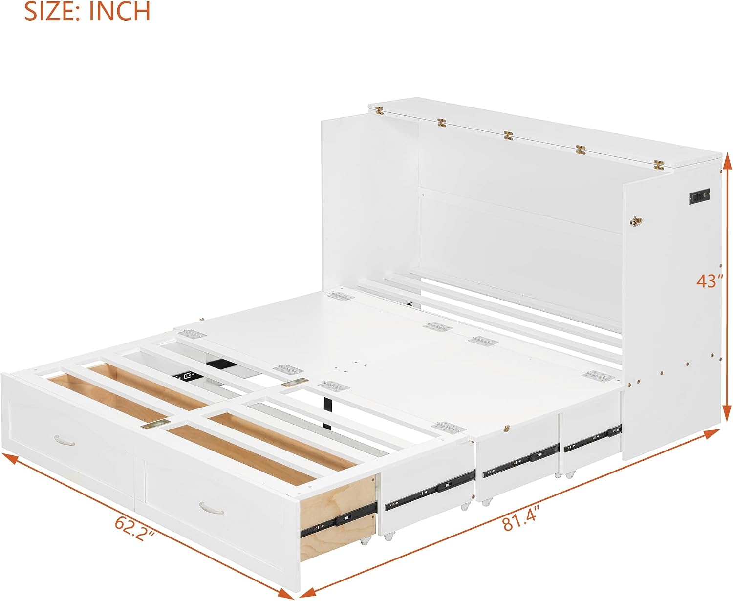 Merax Queen Size Murphy Bed Wall Bed with Drawer and a Set of Sockets & USB Ports, Pulley Structure Design, White
