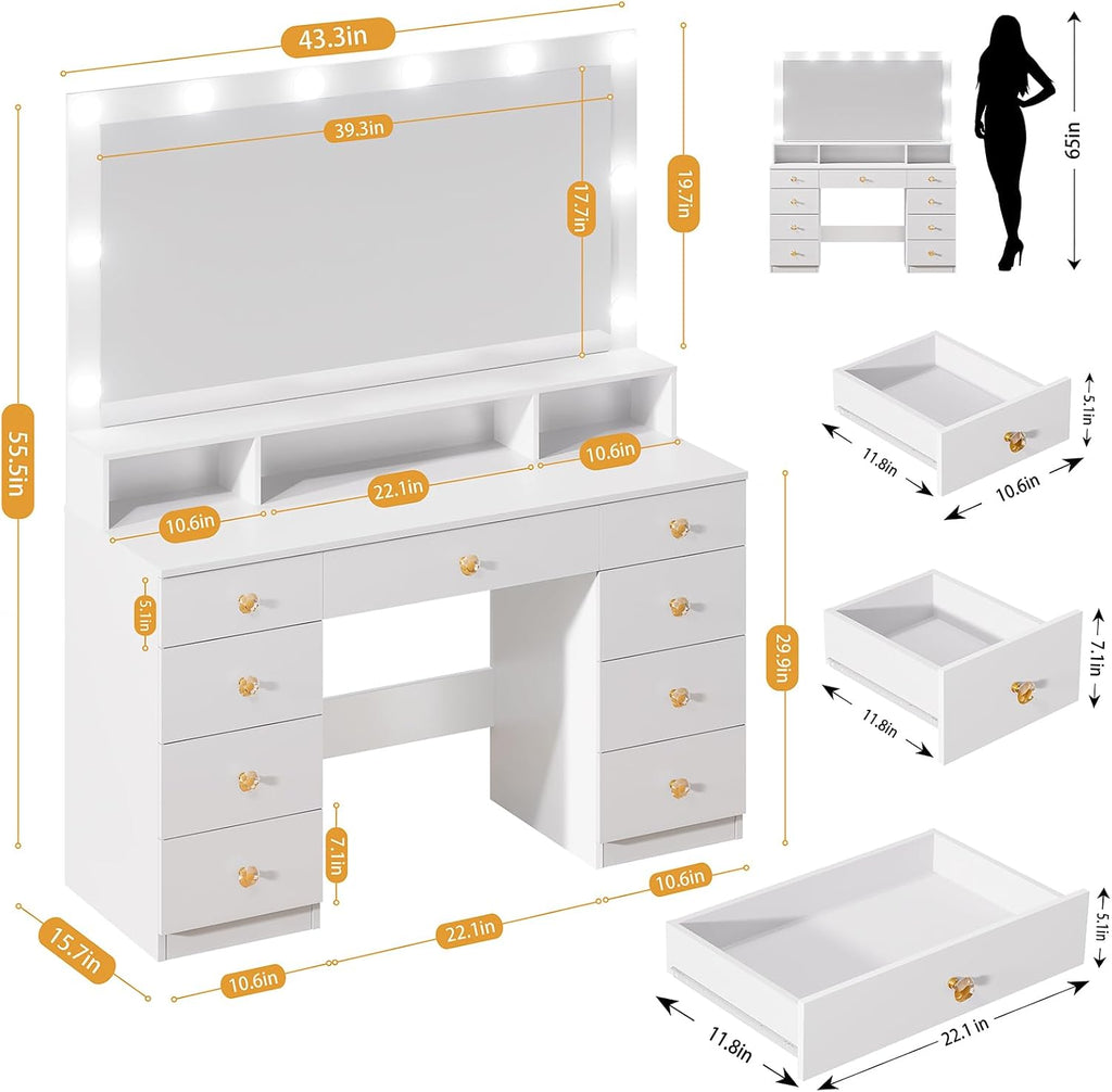 White Vanity with Lighted Mirror, Makeup Vanity Desk with Power Outlet, 9 Drawers & Shelf Storage, 43.3' Large Vanity Desk, Women Girls Vanity Dressing Table for Bedroom Bathroom