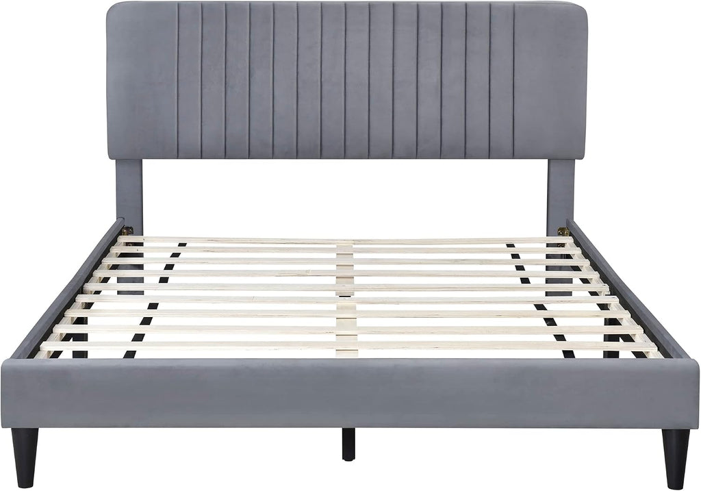 KLMM Modern Queen Size Upholstered Platform Bed, No Box Spring Needed, Velvet Fabric, Suitable for Bedroom Use, Easy to Assemble (Gray#G^)