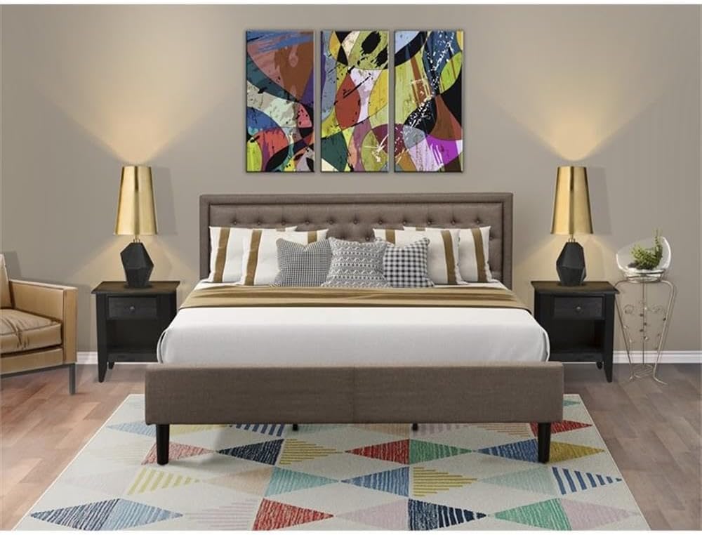 East West Furniture KD18K-2GA06 3 Piece King Bedroom Set - 1 King Platform Bed Brown Linen Fabric Padded and Button Tufted Headboard with 2 Night Stands - Wire Brushed Black Finish Nightstand