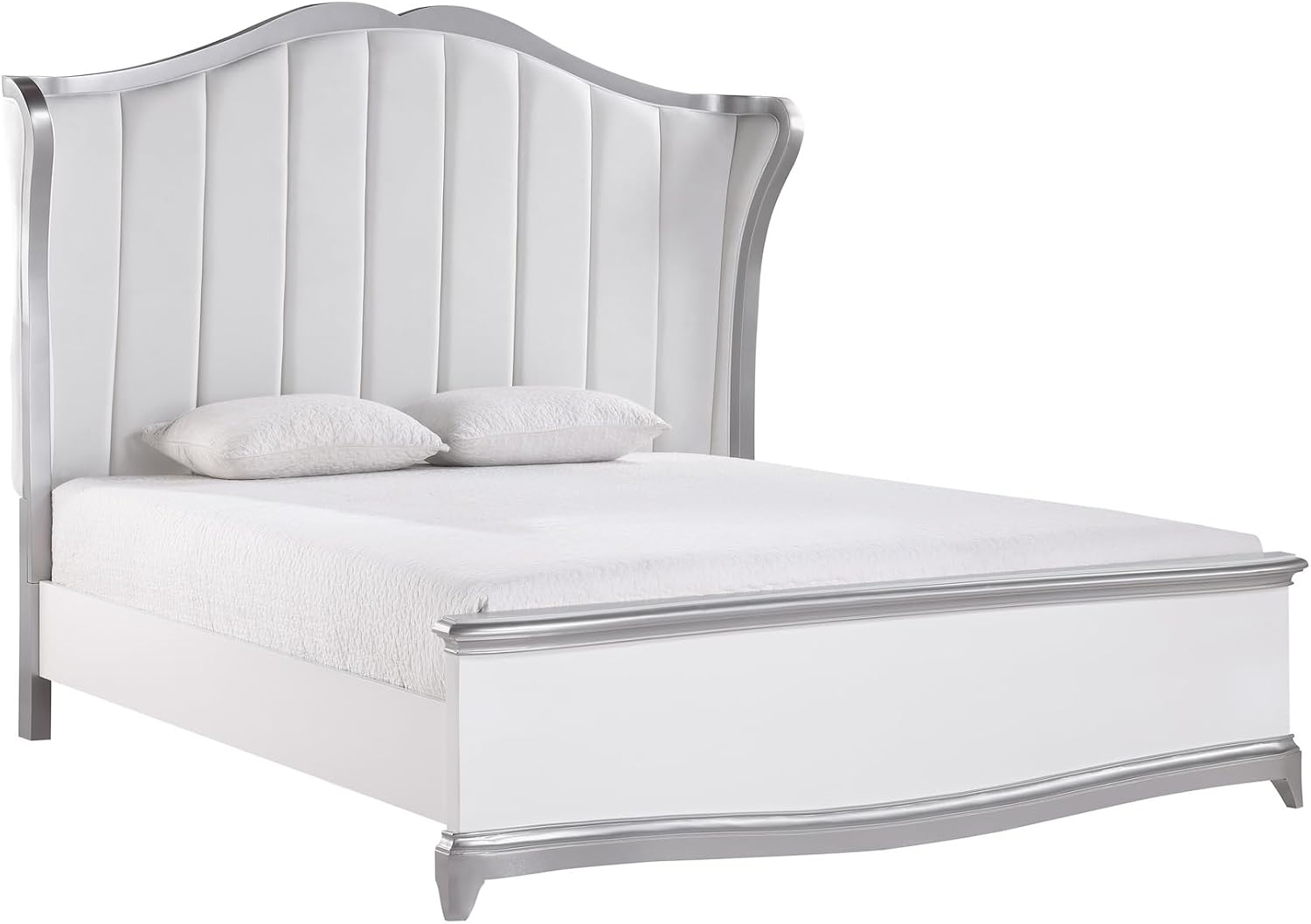 First of a Kind Nina White Silver Traditional 4 Piece Queen Bedroom Set with Upholstered Tufted Headboard Elegant European Inspired Design Coordinated Furniture Collection