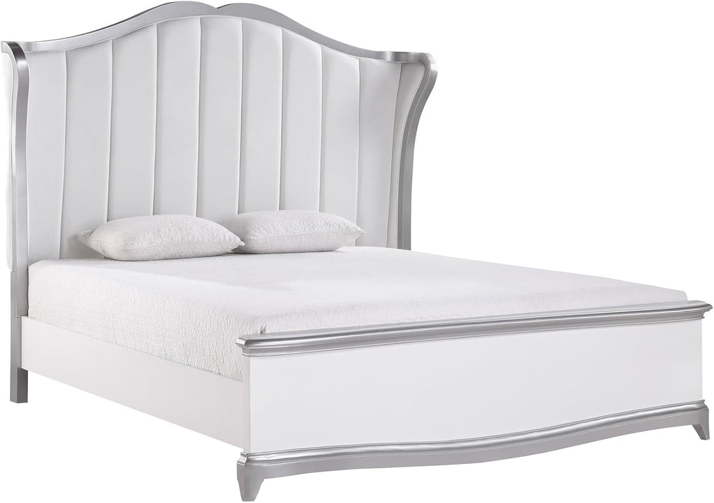 First of a Kind Nina White Silver Traditional 4 Piece King Bedroom Set with Upholstered Tufted Headboard Elegant European Inspired Design Coordinated Furniture Collection