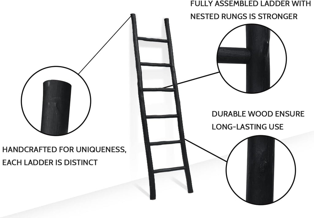 FUIN Fully Assembled 6ft Wood Blanket Ladder Living Room Decorative Wall Leaning Farmhouse Quilt Display Holder Rustic Wooden Towel Rack for Bathroom, Black