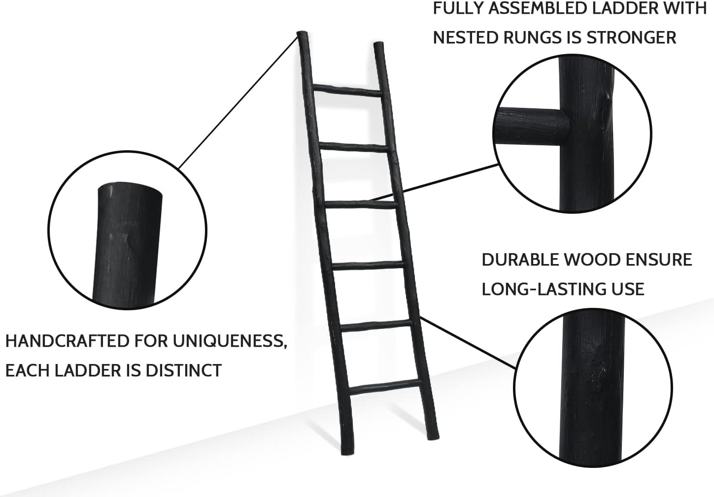 FUIN Fully Assembled 6ft Wood Blanket Ladder Living Room Decorative Wall Leaning Farmhouse Quilt Display Holder Rustic Wooden Towel Rack for Bathroom, Black