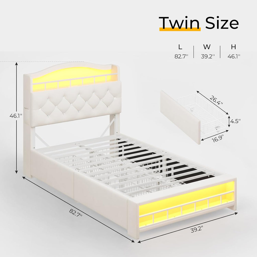 BTHFST Twin Bed Frame with Storage Headboard & 4 Drawers, Girl Upholstered Storage Bed with LED Lights & Charging Station, No Box Spring Needed, Easy Assembly, Beige
