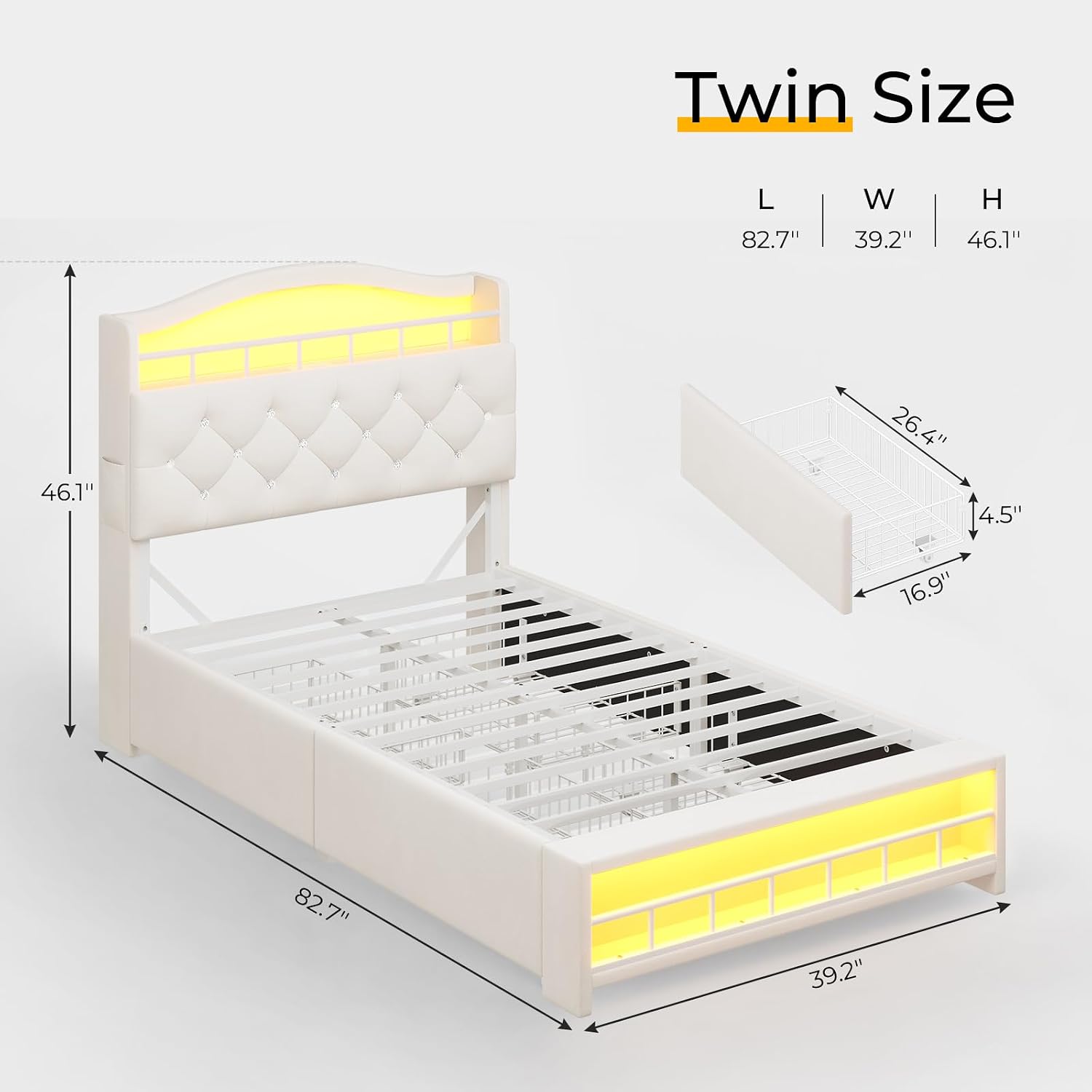 BTHFST Twin Bed Frame with Storage Headboard & 4 Drawers, Girl Upholstered Storage Bed with LED Lights & Charging Station, No Box Spring Needed, Easy Assembly, Beige