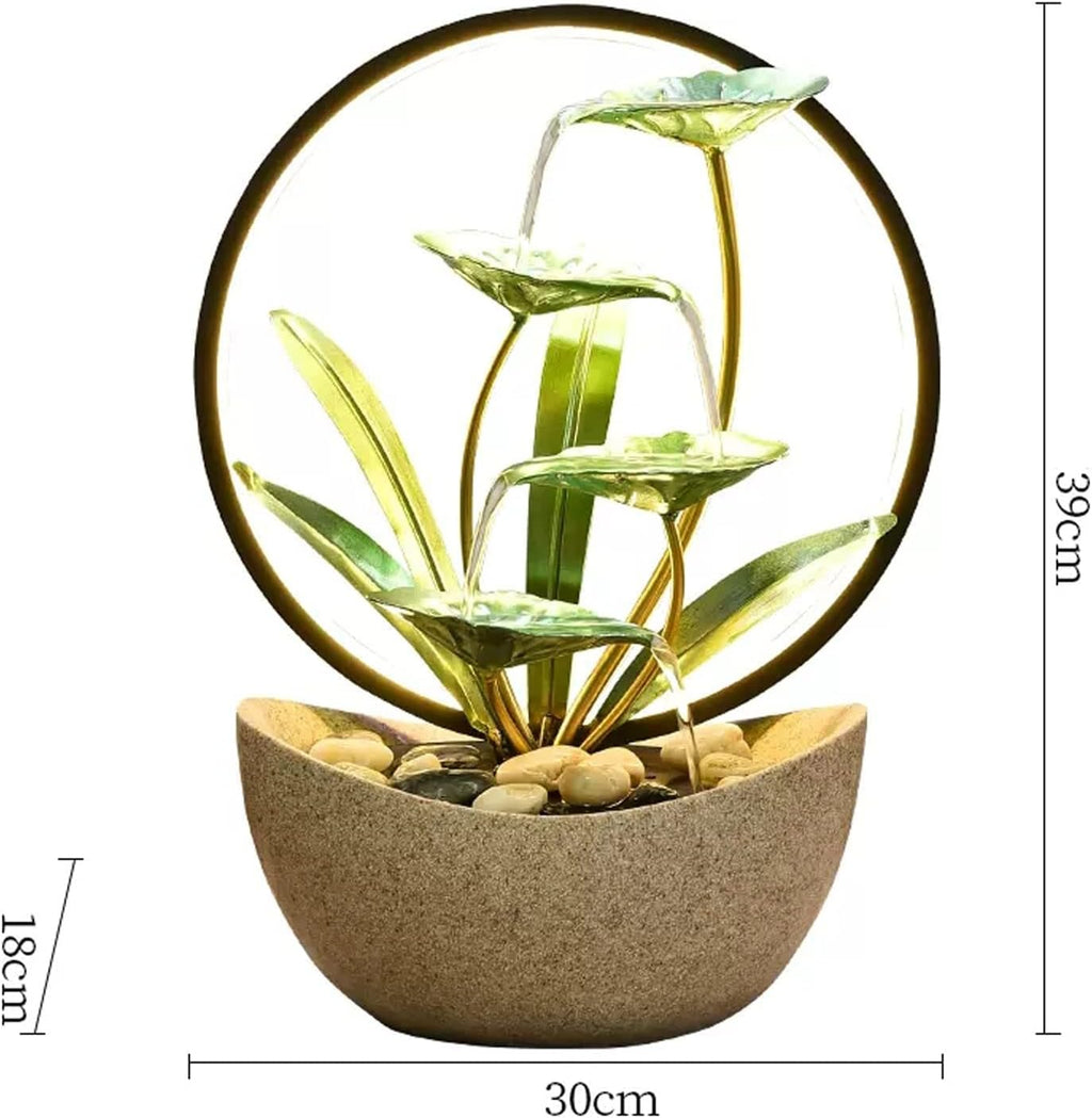 Desktop Fountain Tabletop Fountains Indoor Lotus Leaf Relaxation Waterfall Decoration Fountain with Round Scene Light, L 11.8'×W 7.0'×H 15.3'