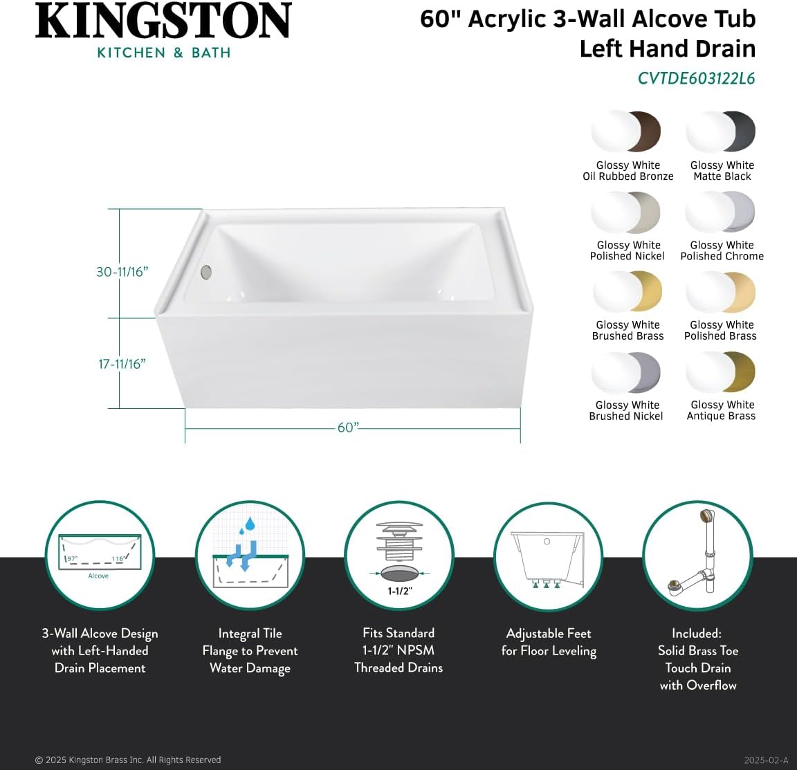 Aqua Eden CVTDE603122L5 60' Acrylic Rectangular 3-Wall Alcove Tub, Left Hand Drain, Glossy White/Oil Rubbed Bronze