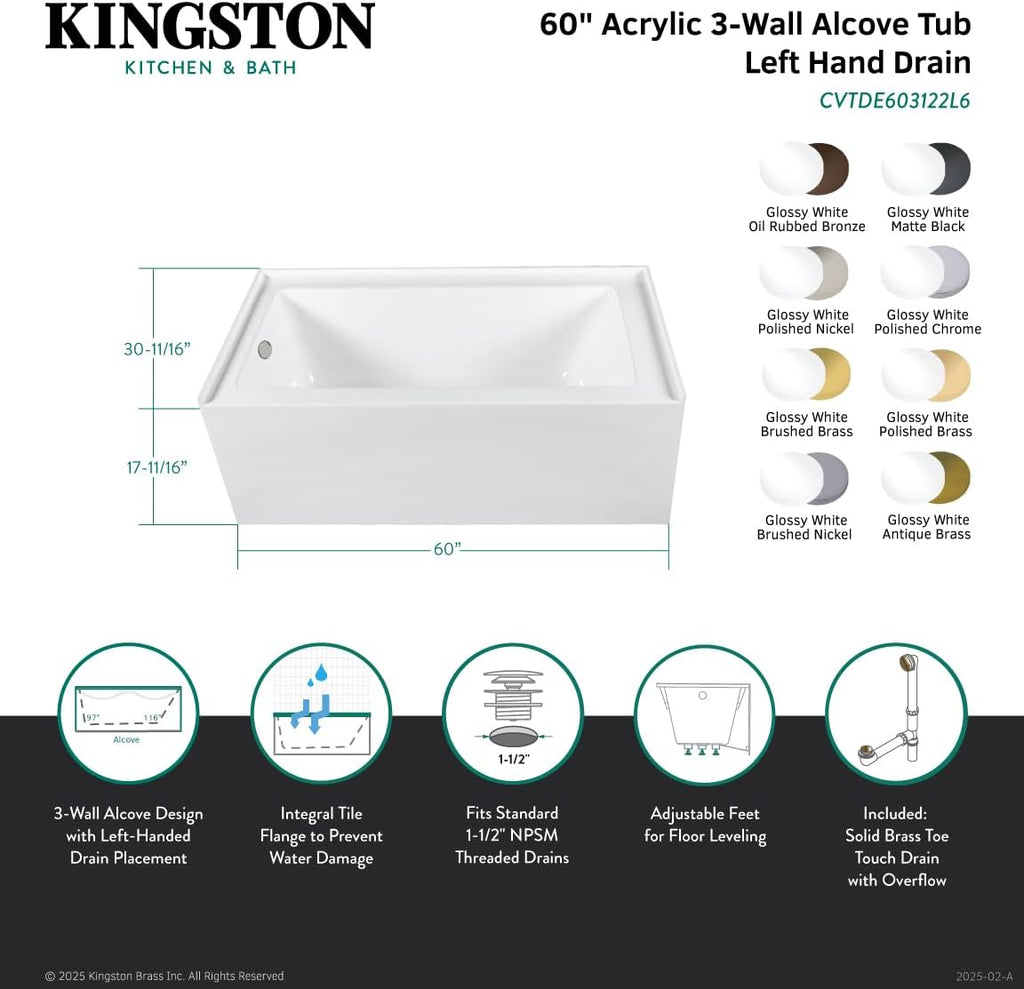 Aqua Eden CVTDE603122L1 60' Acrylic Rectangular 3-Wall Alcove Tub, Left Hand Drain, Glossy White/Polished Chrome