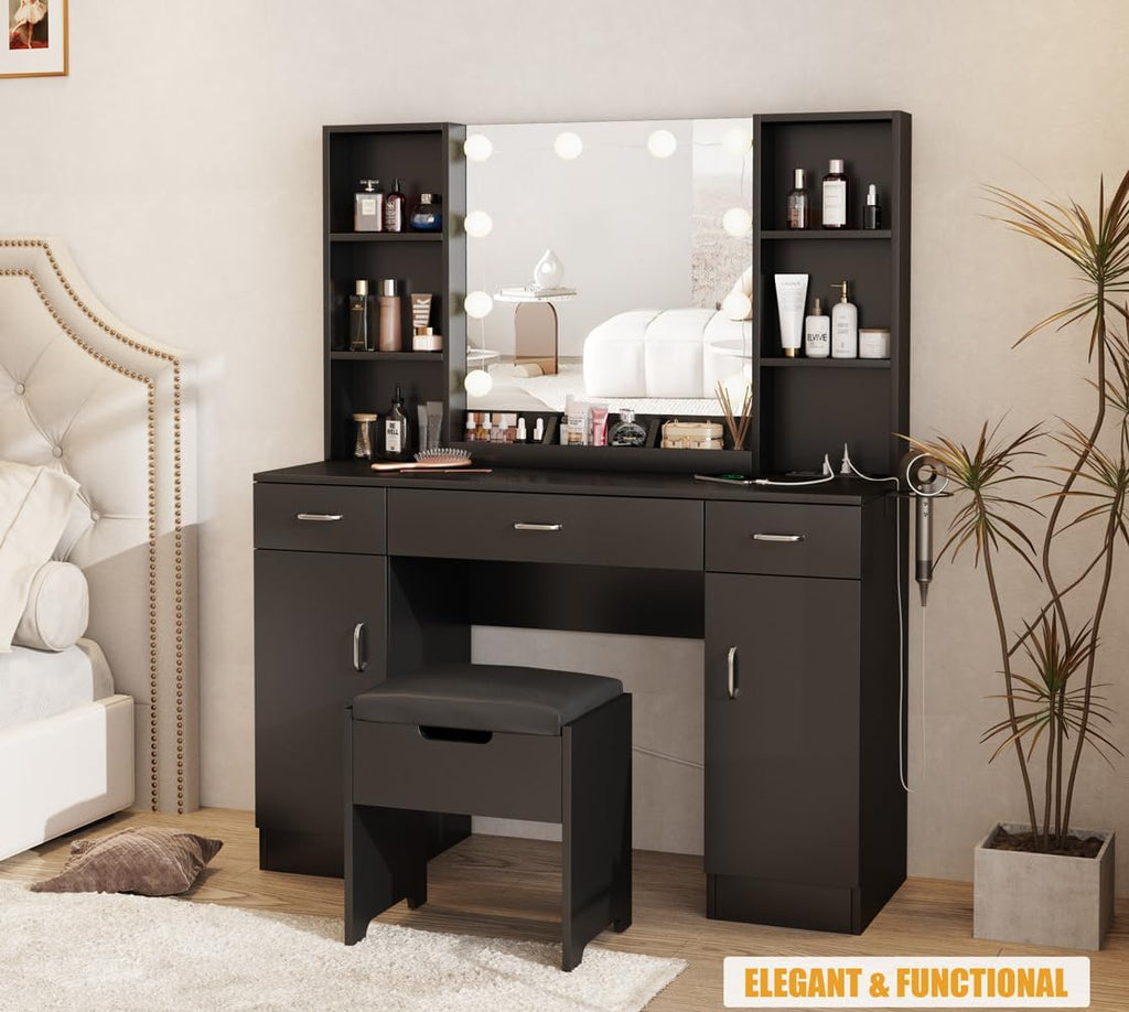 Vabches Vanity Desk with Lights and Mirror, Makeup Vanity Table with Charging Station, 45in Big Vanity Set with Storage Stool, Black