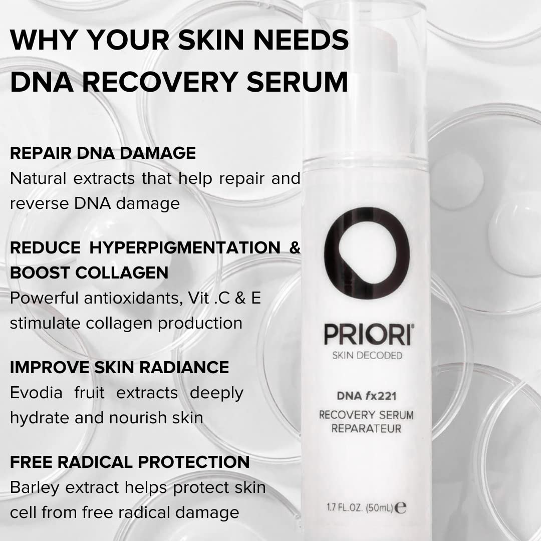 Priori Skincare DNA Recovery Serum Repairing, Correcting Age Defying Day & Night Face Treatment Free Radical Protection Beauty Boost Intense Hydration Oil Free Fragrance Free 1.7 fl oz