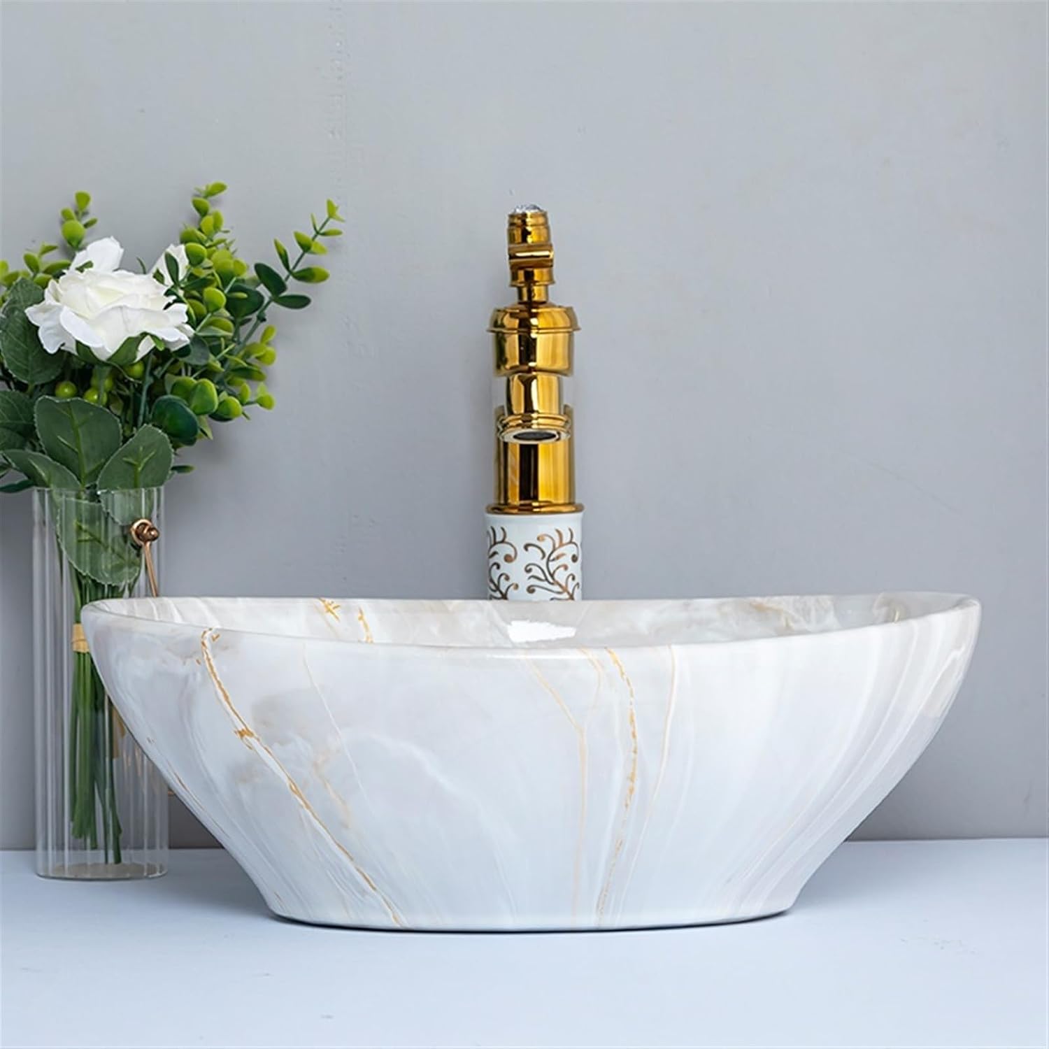 Vanity Sink Art Basin Small Bathroom Sinks High-grade Imitation Marble Texture Ceramic Countertop Basin Lavatory Washbasin with Accessories Bathroom Sink