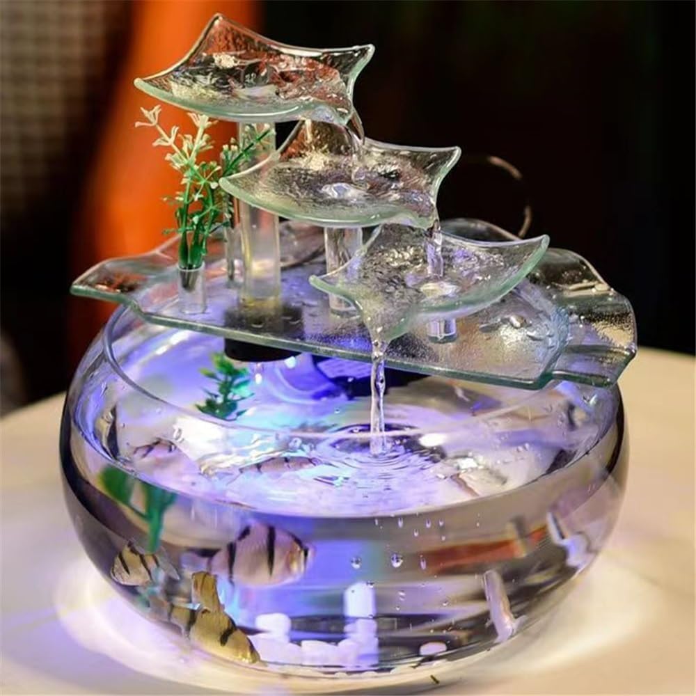 Relaxing Original Small Creative Glass Tabletop Fountain Home Aquarium with Water Flow Decor for Living Room Tv Cabinet Indoor